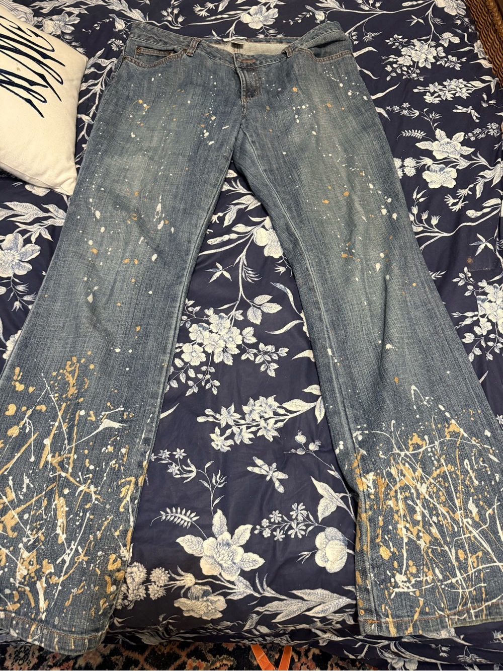 Metro 7 Medium Blue Flare Jeans with White & Gold Paint Splatter 14